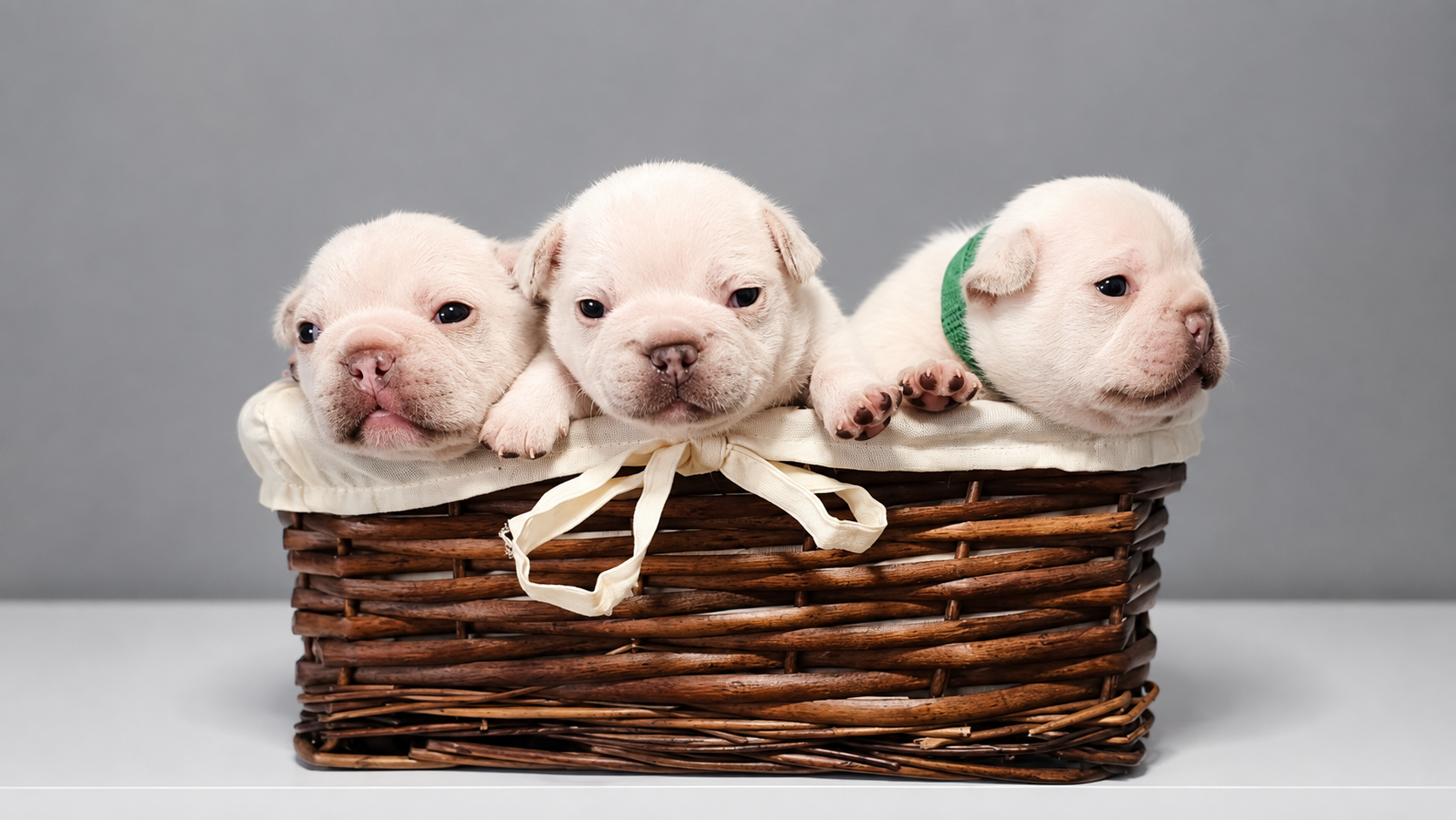 Tres cachorros de Bulldog Francés de De Farrajón en una cesta